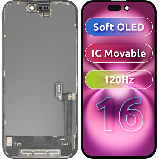 Displej s dotykovým panelem MP kompatibilní s Apple iPhone 16, s rámem, verze Soft OLED FHD 120Hz IC Movable, černý