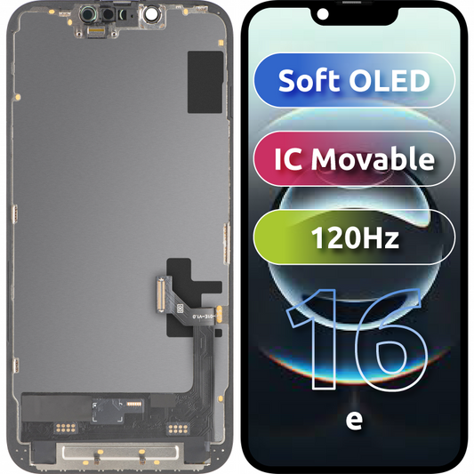 MP dotykový displej kompatibilní s Apple iPhone 17e / 16e, s rámečkem, Soft OLED FHD 120Hz IC přenosná verze, černá