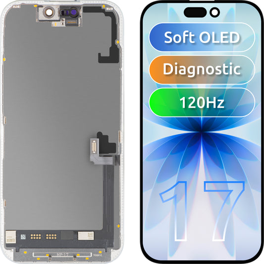 MP dotykový displej kompatibilní s Apple iPhone 17, s rámečkem, softwarová verze OLED FHD 120Hz diagnostická, černý