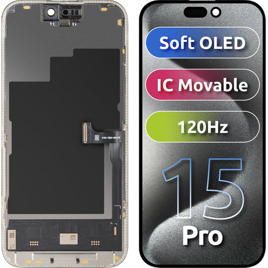 MP Touchscreen Display compatible with Apple iPhone 15 Pro, with Frame, Soft OLED IC Movable 120Hz FHD Version, Black