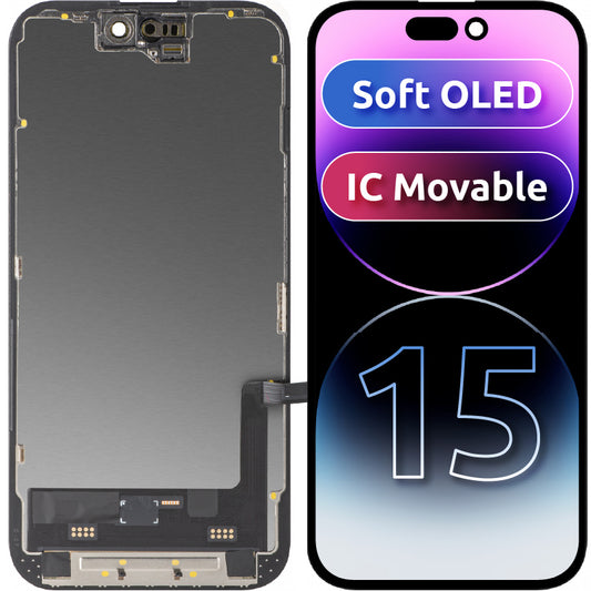 Display s dotykovým displejem MP kompatibilní s Apple iPhone 15, s rámem, verze Soft OLED FHD IC Movable, černý