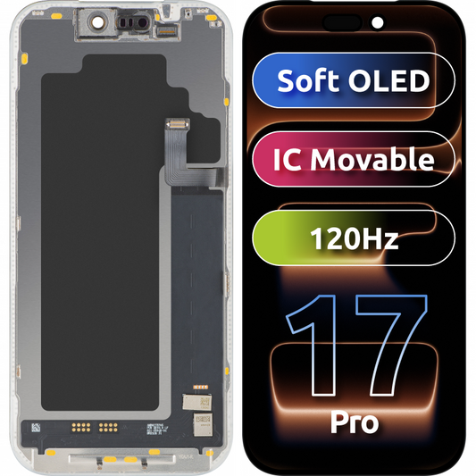 MP dotykový displej kompatibilní s Apple iPhone 17 Pro, s rámečkem, Soft OLED FHD 120Hz IC Movable verze, černý