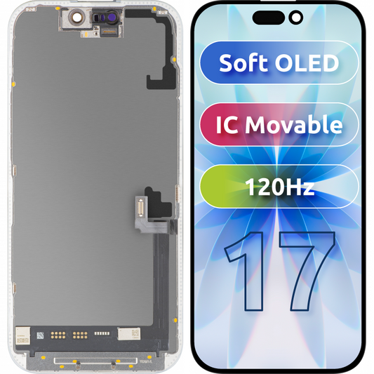 MP dotykový displej kompatibilní s Apple iPhone 17, s rámečkem, verze Soft OLED FHD 120Hz IC Movable, černý