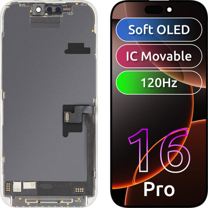 Displej s dotykovým panelem MP kompatibilní s Apple iPhone 16 Pro, s rámem, verze Soft OLED FHD 120Hz IC Movable, černý
