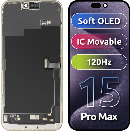 MP Touchscreen Display compatible with Apple iPhone 15 Pro Max, with Frame, Soft OLED IC Movable 120Hz FHD Version, Black