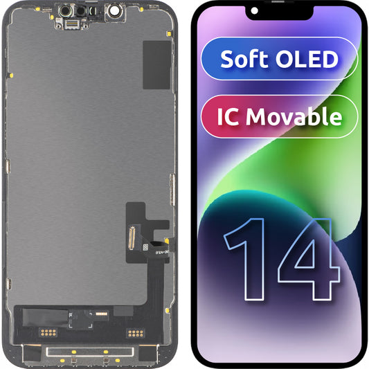 MP Touchscreen Display compatible with Apple iPhone 14, with Frame, Soft OLED IC Movable FHD Version, Black