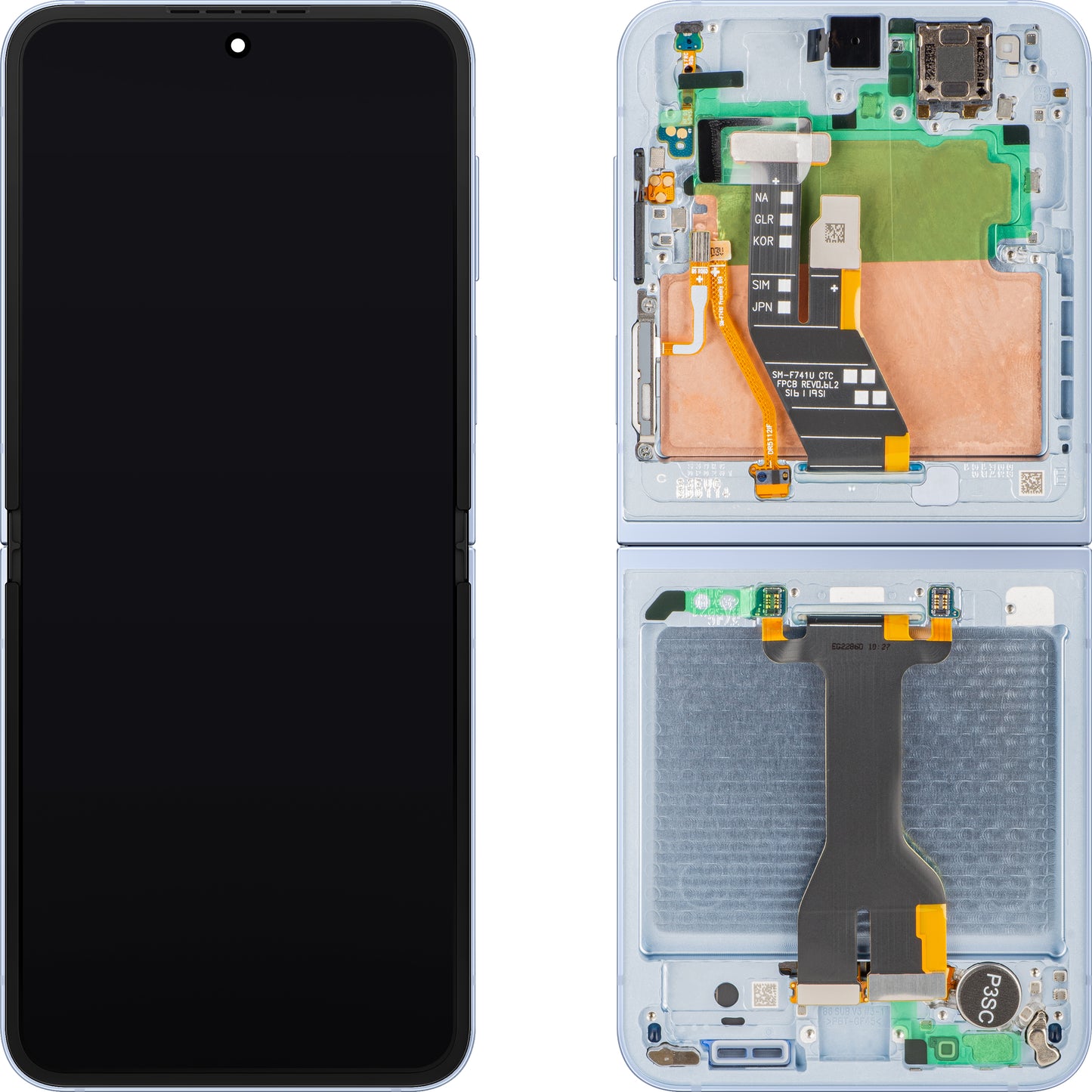 Displej s dotykovou obrazovkou Samsung Galaxy Z Flip6 F741, s rámem, Sub Inner, modrý, Service Pack GH82-35014C