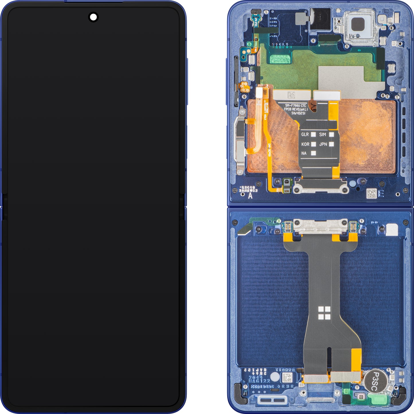 Displej s dotykovou obrazovkou Samsung Galaxy Z Flip7 F766, s rámem, pod vnitřním krytem, modrý (Blue Shadow), servisní balíček GH82-37581A