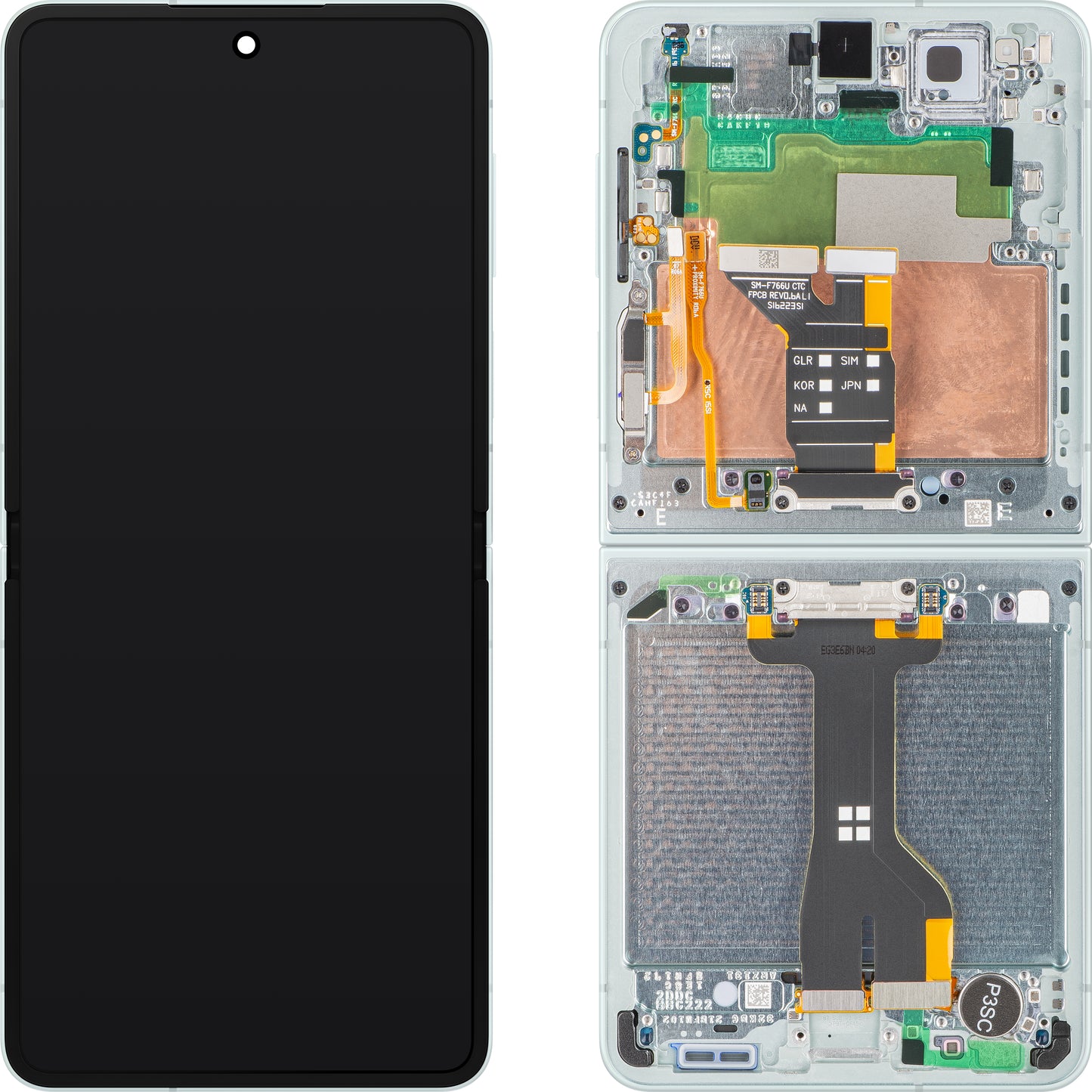 Displej s dotykovou obrazovkou Samsung Galaxy Z Flip7 F766, s rámečkem, pod vnitřní částí, zelený (mint), servisní balíček GH82-37581E