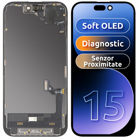 Touchscreen Display with Proximity Sensor MP compatible with Apple iPhone 15, with Frame, OLED FHD Diagnostic Software Version, Black