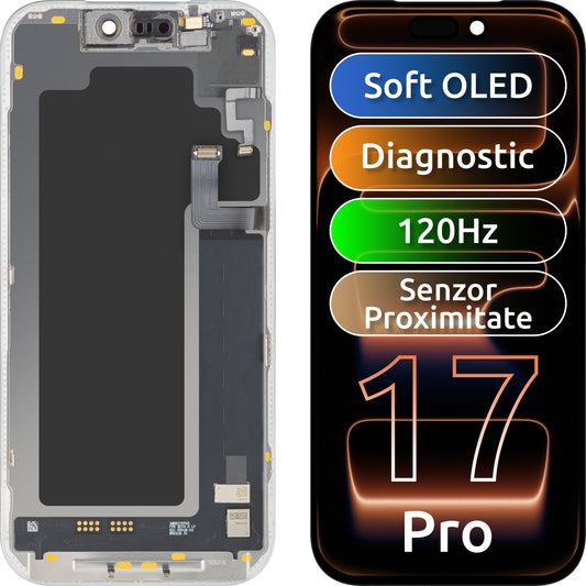 Displej s dotykovou obrazovkou a světelným proximitačním senzorem MP kompatibilní s Apple iPhone 17 Pro, s rámečkem, softwarová verze OLED FHD 120Hz diagnostika, černá