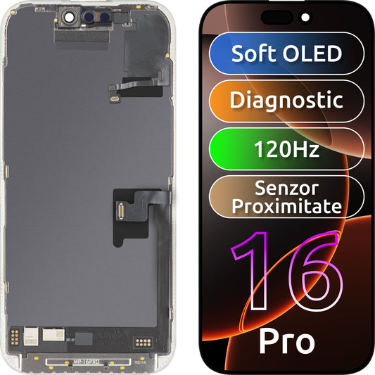 Displej s dotykovou obrazovkou a světelným proximitačním senzorem MP kompatibilní s Apple iPhone 16 Pro, s rámečkem, softwarová verze OLED FHD 120Hz diagnostika, černá