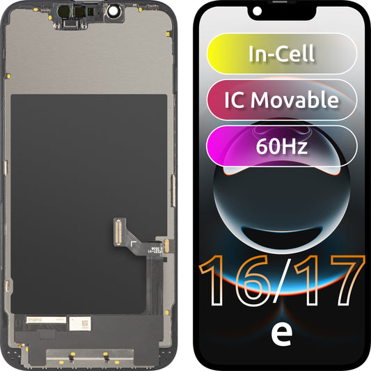 Displej s dotykovou obrazovkou ZY pro Apple iPhone 17e / 16e, s rámečkem, verze LCD In-Cell IC pohyblivá, černá