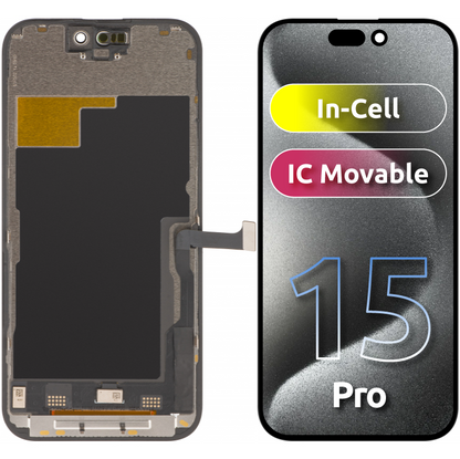 Dotykový displej ZY pro Apple iPhone 15 Pro, s rámečkem, verze In-Cell IC Movable LCD, černý 