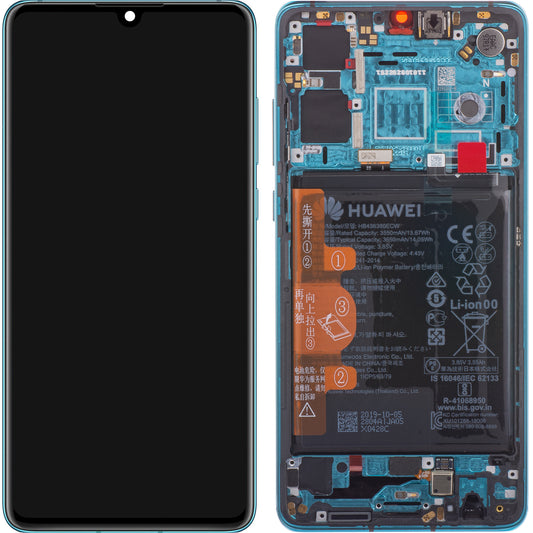 Displej s dotykovou obrazovkou Huawei P30, s rámem a baterií, modrý (Aurora Blue), servisní balíček 02354HRH