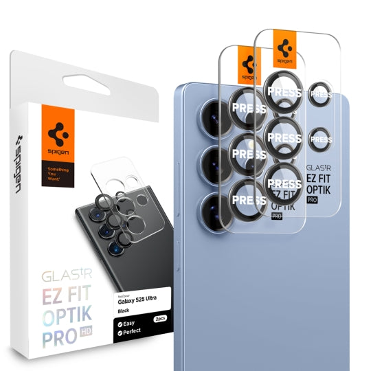 Ochranná fólie na zadní kameru Spigen GlastR EZ FIT Optik Pro HD pro Samsung Galaxy S25 Ultra S938, Tvrzené sklo, Sada 2 kusy, Černá