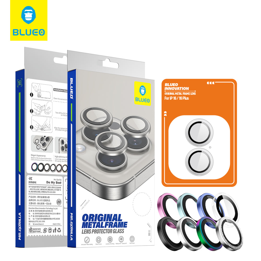 Ochranná fólie zadní kamery Blueo Metal Frame pro Apple iPhone 16 Plus / 16, tvrzené sklo, průhledná