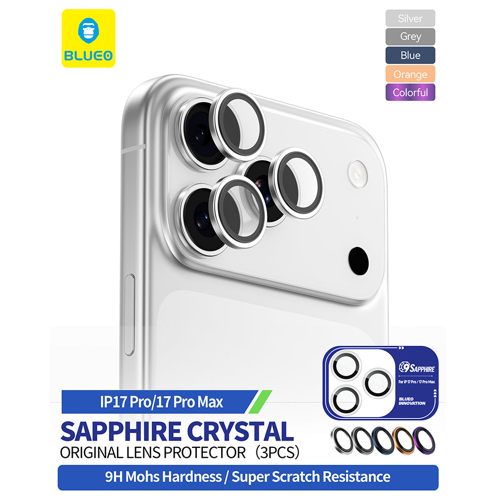Ochranná fólie Blueo Sapphire Crystal na zadní kameru pro Apple iPhone 17 Pro Max / 17 Pro, Tvrzené sklo, Stříbrná