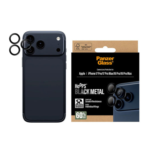 Ochranná fólie PanzerGlass Hoops na zadní kameru pro Apple iPhone 17 Pro Max / 17 Pro / 16 Pro Max / 16 Pro, Tvrzené sklo, Černá.