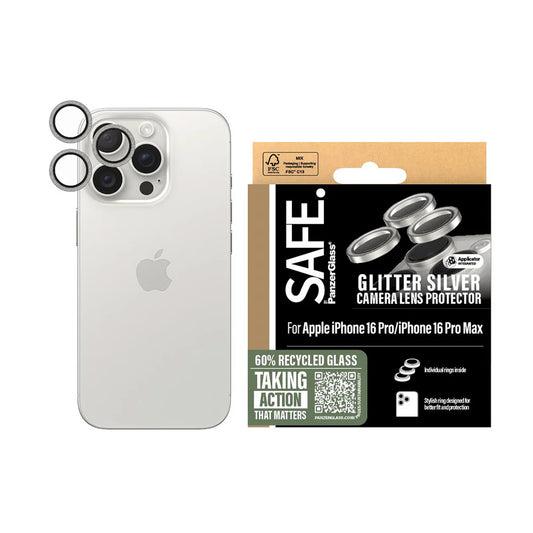 Ochranná fólie PanzerGlass Safe na zadní kameru. Glitter pro Apple iPhone 16 Pro Max / 16 Pro, Tvrzené sklo, Stříbrná.