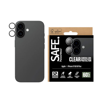 Ochranná fólie PanzerGlass Safe na zadní kameru pro Apple iPhone 17 / 16 Plus / 16, Zpevněné sklo, Průhledná