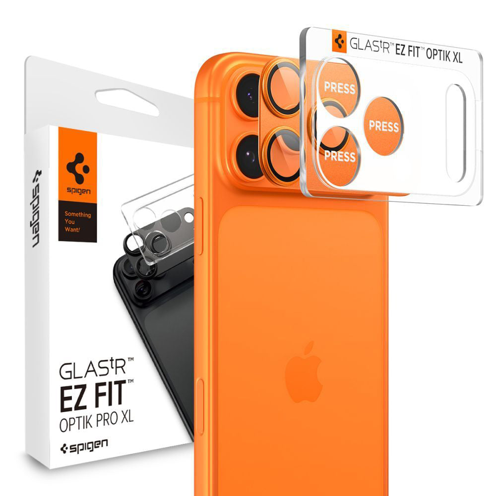 Ochranná fólie na zadní kameru Spigen GlastR EZ FIT Optik Pro pro Apple iPhone 17 Pro Max, Tvrzené sklo, Sada 2 kusy, Oranžová
