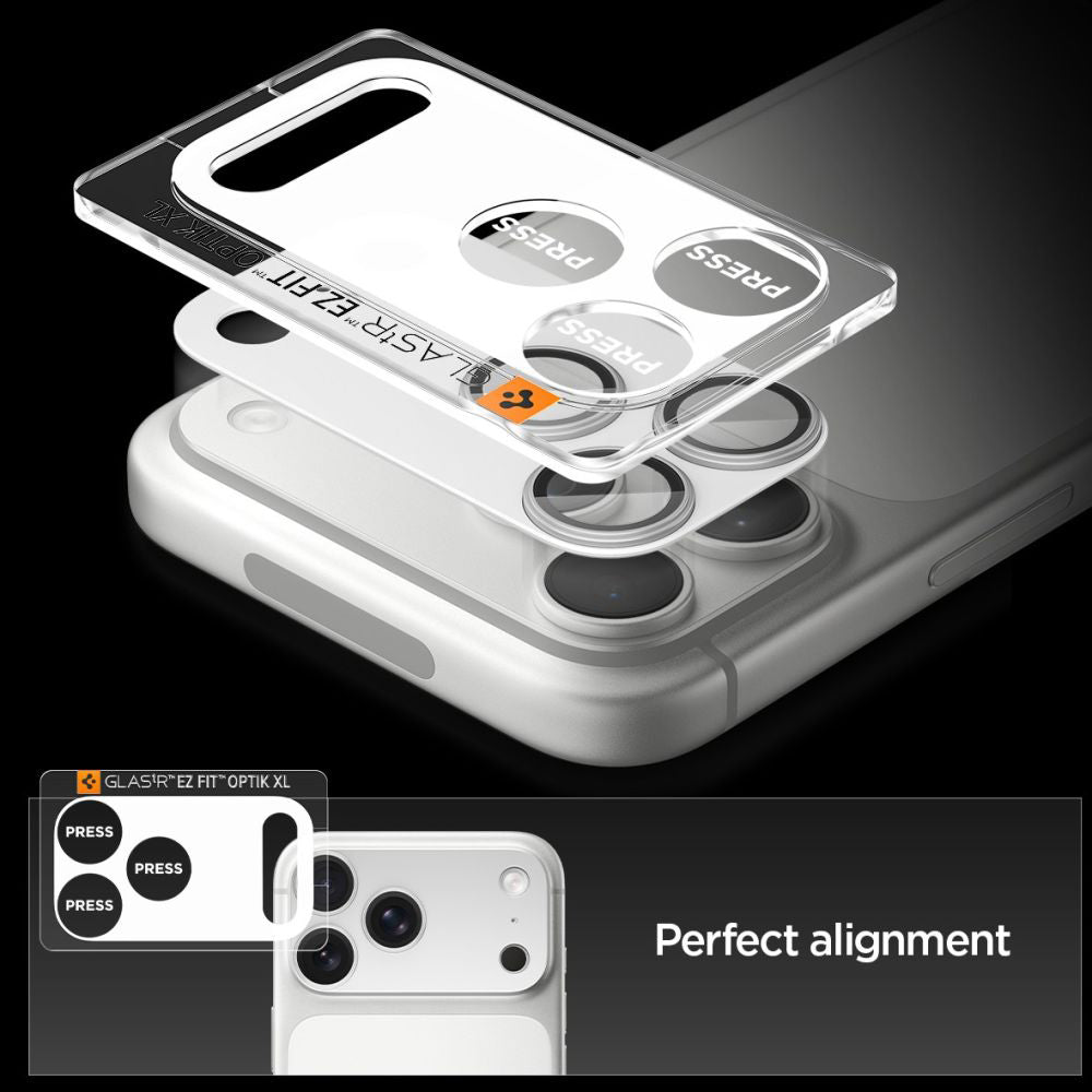 Ochranná fólie na zadní kameru Spigen GlastR EZ FIT Optik Pro XL pro Apple iPhone 17 Pro Max, Tvrzené sklo, Stříbrná