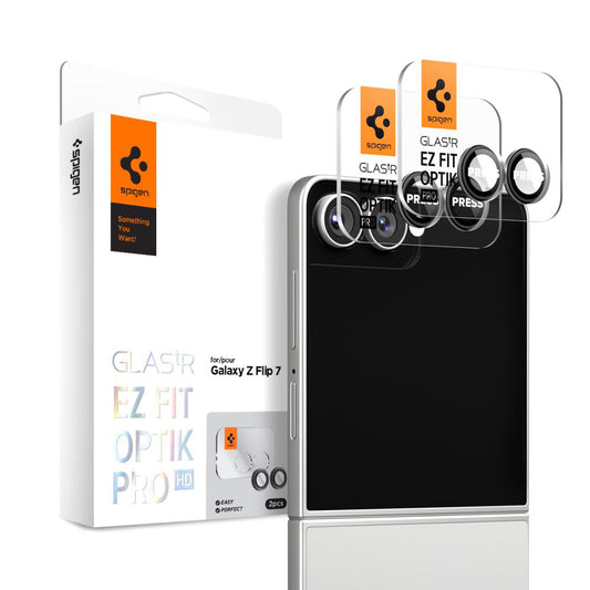 Ochranná fólie na zadní kameru Spigen GlastR EZ FIT Optik Pro HD pro Samsung Galaxy Z Flip7 F766, Tvrzené sklo, Sada 2 kusy, Černá AGL09587