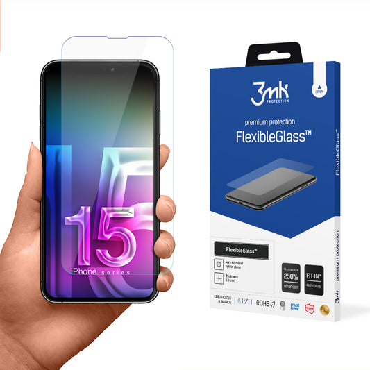 Ochranná fólie na displej 3MK FlexibleGlass pro Apple iPhone 15 Pro, flexibilní sklo, plné lepidlo