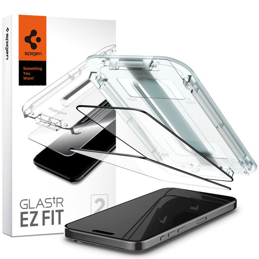 Ochranná fólie na displej Spigen GlastR EZ FIT pro Apple iPhone 15 Pro, Tvrzené sklo, Full Glue, Sada 2 kusy, Černá AGL06893