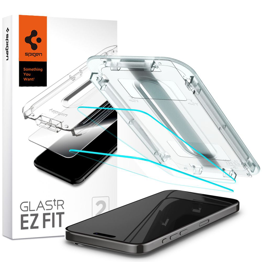 Ochranná fólie na displej Spigen GlastR EZ FIT pro Apple iPhone 15 Pro Max, Tvrzené sklo, Full Glue, Sada 2 kusy AGL06872