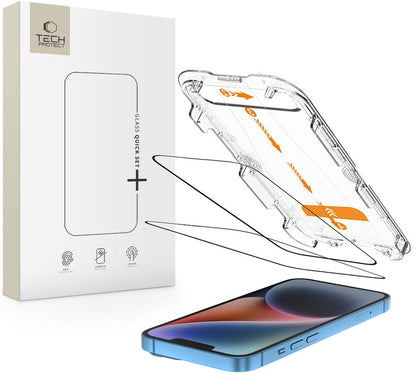 Ochranná fólie na displej Tech-Protect Quick Set+ pro Apple iPhone 17e / 16e / 14 / 13 Pro, Tvrzené sklo, Full Glue, Sada 2 kusy, Černá