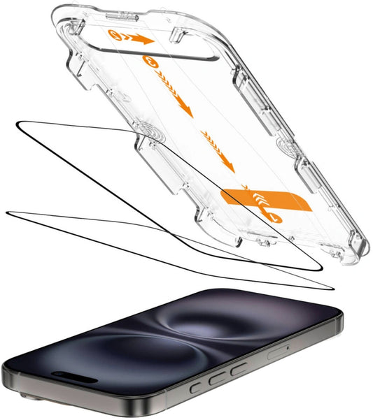 Ochranná fólie na displej Tech-Protect Quick Set+ pro Apple iPhone 16 / 15, Tvrzené sklo, Full Glue, Sada 2 kusy, Černá