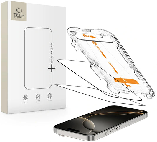 Ochranná fólie na displej Tech-Protect Quick Set+ pro Apple iPhone 16 Pro, Tvrzené sklo, Full Glue, Sada 2 kusy, Černá
