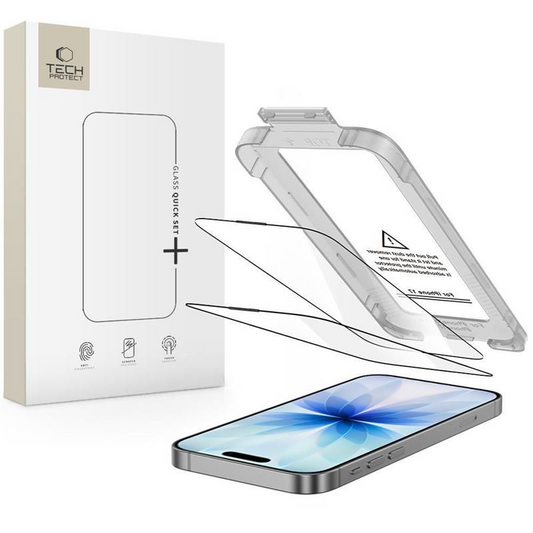 Ochranná fólie na displej Tech-Protect Quick Set+ pro Apple iPhone 17, Tvrzené sklo, Full Glue, Sada 2 kusy, Černá