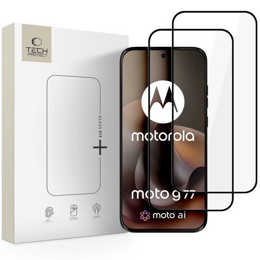 Ochranná fólie na displej Tech-Protect FIT+ pro Motorola Moto G77 / G67, tvrzené sklo, plné lepidlo, sada 2 kusů, 2.5D, černá