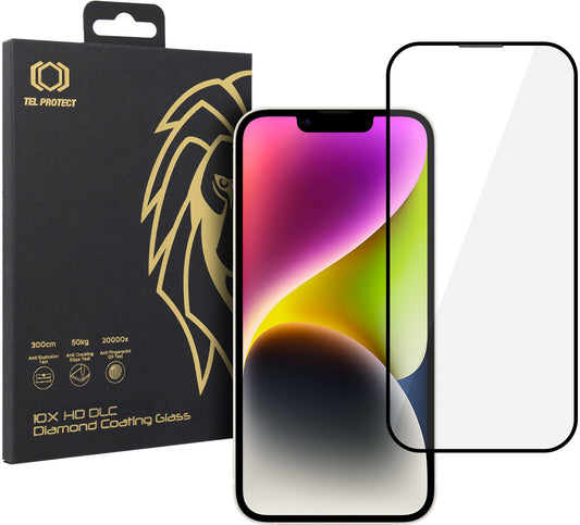 Ochranné sklo na displej Tel Protect 10X HD DLC Diamond Coating pro Apple iPhone 17e / 16e / 14 / 13 Pro / 13, tvrzené sklo, celoplošné lepení, černé