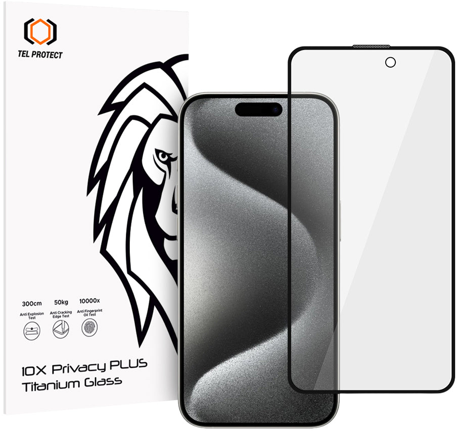 Ochranné sklo na displej s filtrem soukromí Tel Protect 10X Plus Titanium pro Apple iPhone 17 / 16 Pro, tvrzené sklo, celoplošné lepení