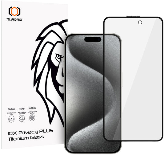 Ochranné sklo na displej s filtrem soukromí Tel Protect 10X Plus Titanium pro Apple iPhone 17 / 16 Pro, tvrzené sklo, celoplošné lepení