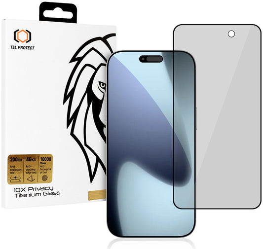 Ochranné sklo na displej Privacy Tel Protect 10X Plus Titanium pro Apple iPhone 17 Pro Max, tvrzené sklo, celoplošné lepení
