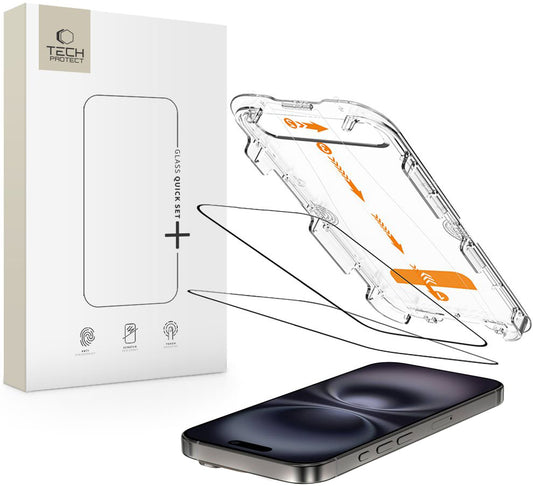 Ochranná fólie na displej Tech-Protect Quick Set+ pro Apple iPhone 16 / 15, Tvrzené sklo, Full Glue, Sada 2 kusy, Černá