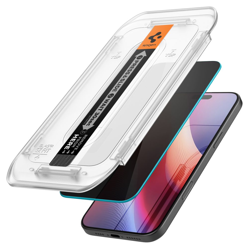 Ochranná fólie na displej Privacy Spigen GlastR EZ FIT pro Apple iPhone 17 Pro / 17 / 16 Pro, Tvrzené sklo, Full Glue, Sada 2 kusy AGL07929