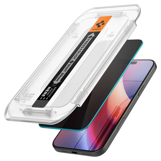 Ochranná fólie na displej Privacy Spigen GlastR EZ FIT pro Apple iPhone 17 Pro / 17 / 16 Pro, Tvrzené sklo, Full Glue, Sada 2 kusy AGL07929