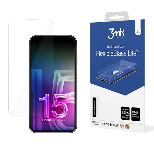 Ochranná fólie na displej 3MK FlexibleGlass Lite pro Apple iPhone 15, flexibilní sklo, plné lepidlo
