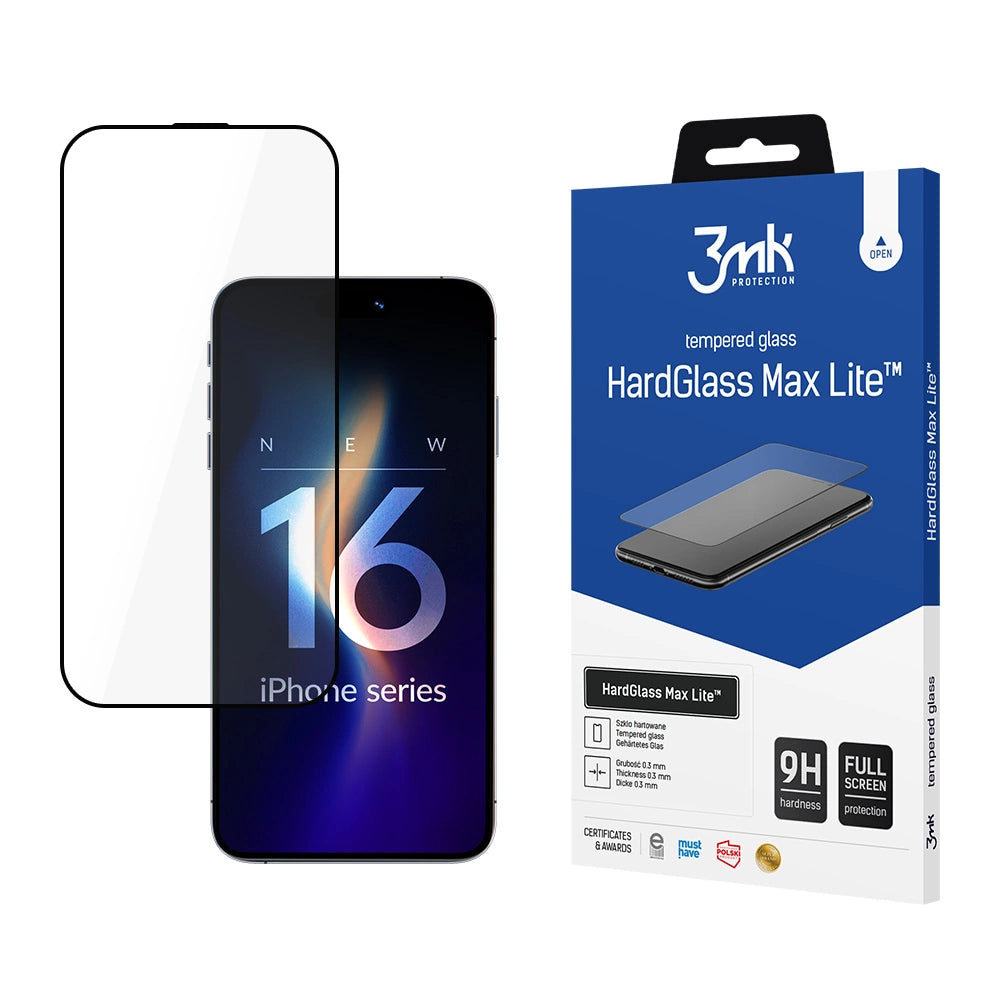 Ochranná fólie 3MK HardGlass Max Lite pro Apple iPhone 17 / 16 Pro, Tvrzené sklo, Full Glue, Černá