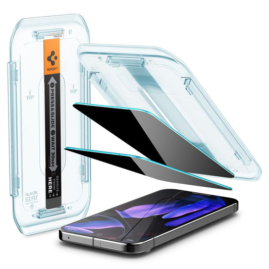 Ochranná fólie na displej Privacy Spigen GlastR EZ FIT pro Google Pixel 9 / 9 Pro, tvrzené sklo, plné lepidlo, sada 2 kusů