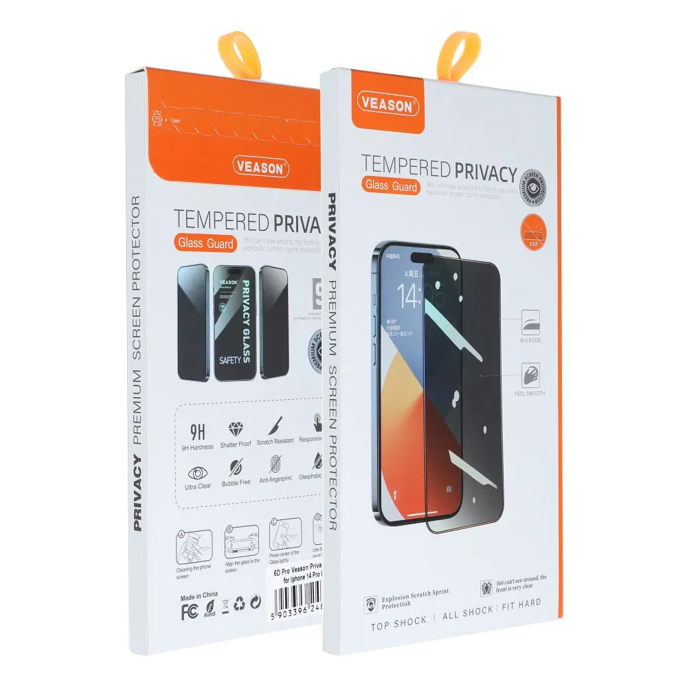 Ochranná fólie na displej Privacy Veason pro Apple iPhone 17e / 16e / 14 / 13 Pro, tvrzené sklo, plné lepidlo, 6D