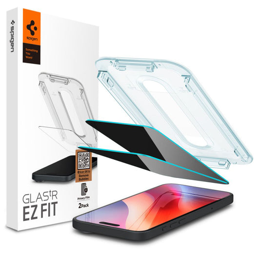 Ochranná fólie na displej Privacy Spigen GlastR EZ FIT pro Apple iPhone 16 / 15, Tvrzené sklo, Full Glue, Sada 2 kusy AGL06905