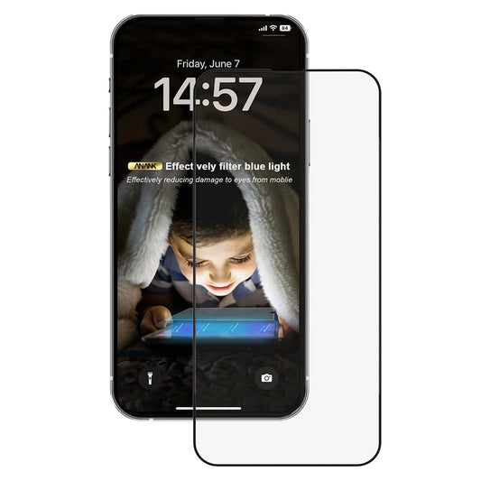 Ochranná fólie na displej Anti Blue Light Anank 3X Reinforced pro Apple iPhone 16 Pro Max, tvrzené sklo, plné lepidlo, 2.5D, černá