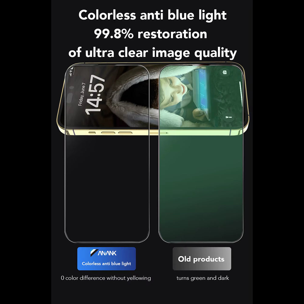 Ochranná fólie na displej Anti Blue Light Anank 3X Reinforced pro Apple iPhone 16, tvrzené sklo, plné lepidlo, 2.5D, černá